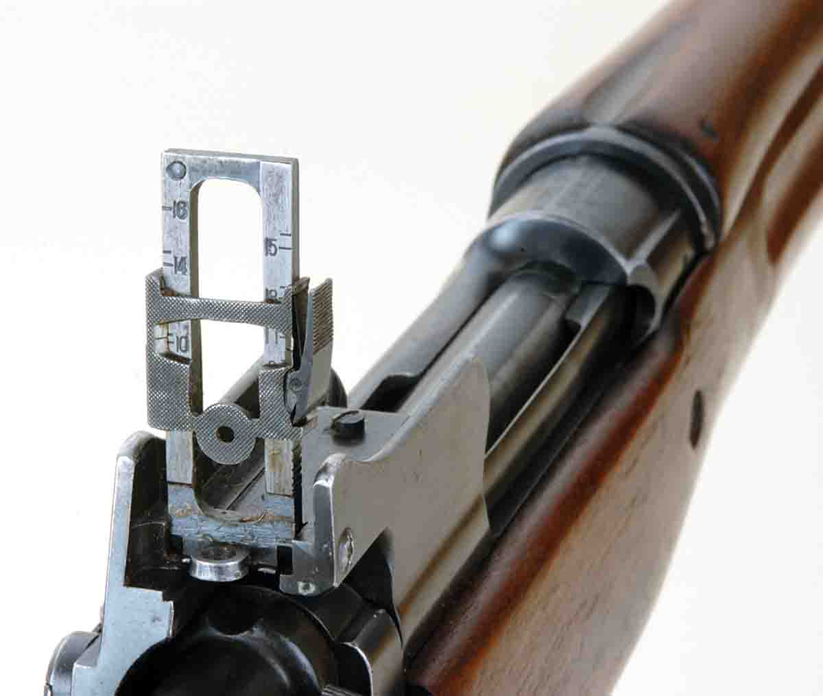 For rear sights, Model 1917s had a unique two- aperture rear. One aperture was used with the ladder lowered for a battle zero. When the sight ladder was raised, a second aperture came into play with elevation graduations to 1,800 yards.